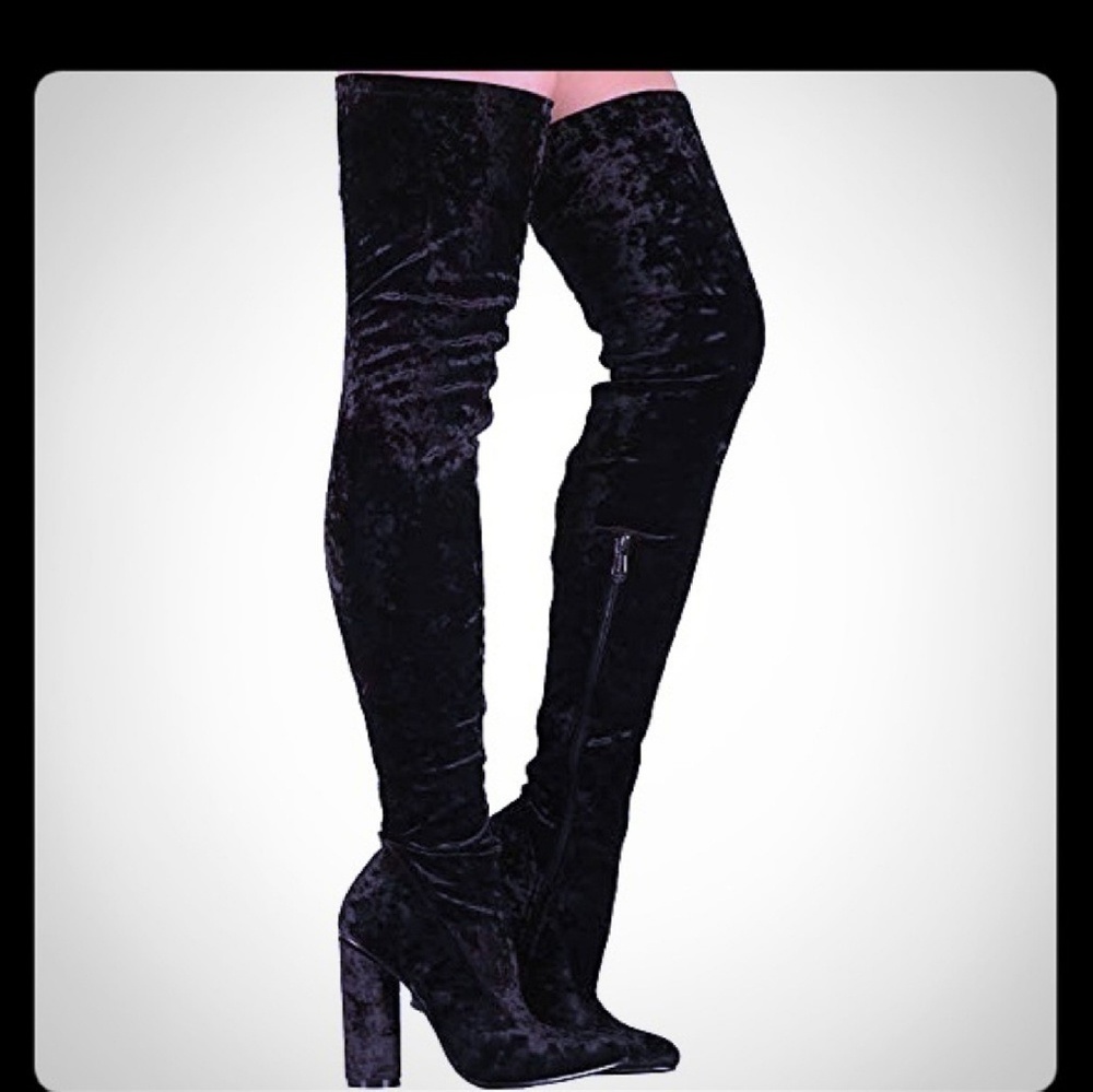 Black Thigh high velvet pointed toe boots